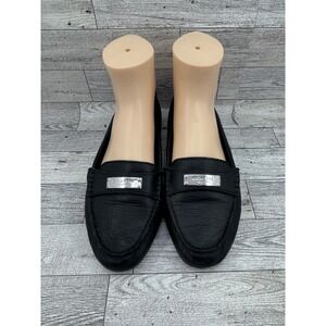 Coach Fredrica Black‎ Pebbled Leather Silver Logo Plaque Loafer Flats Women 7.5B